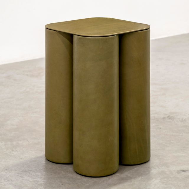 SILOS SMALL SIDE TABLE LEATHER TOP OLIVE GREEN