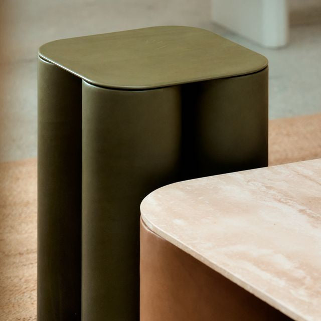 SILOS SMALL SIDE TABLE LEATHER TOP OLIVE GREEN